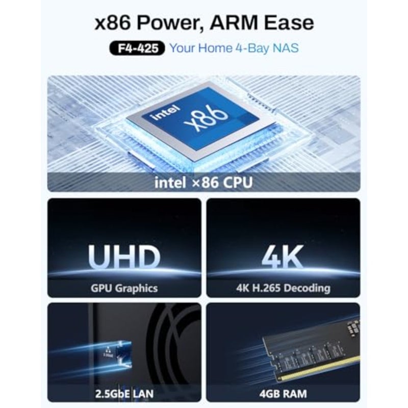 4-Bay NAS، وN5095، و4GB DDR4، و2.5GbE، وفك تشفير 4K H.265 بدون أقراص، وPlex، وEmby، وJellyfin، وفرز صور الذكاء الاصطناعي المحلي. يعمل TNAS Mobile على تبسيط الإعداد والنسخ الاحتياطي والوصول عن بعد - Image 2