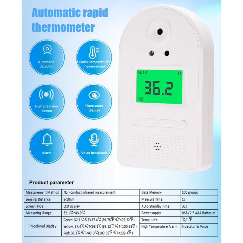 Wall-mounted Infrared Thermometer with 100 Data Storage Tri-colored LCD Display Voice Broadcast °C/ °F Non-contact Thermometers with Fever Alarm Digital Temperature Measurement - Image 2