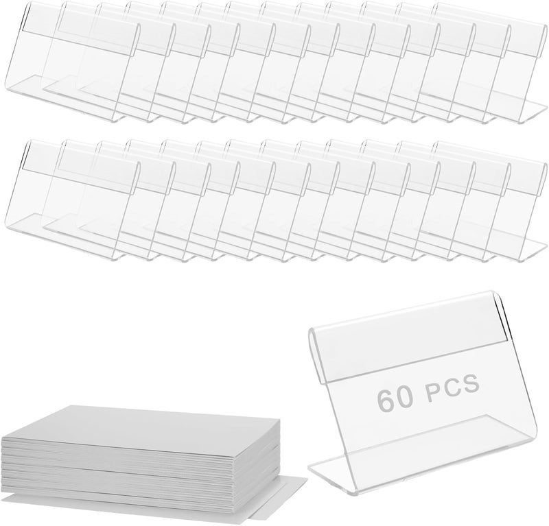 60 Pcs 1.5"" x 2.4"" Acrylic Sign Holder, Clear Mini Acrylic Sign Display Holder, L-Shape Price Sign Stands Counter Top Stand for Office, Store, Restaurant, Transparent - Image 1