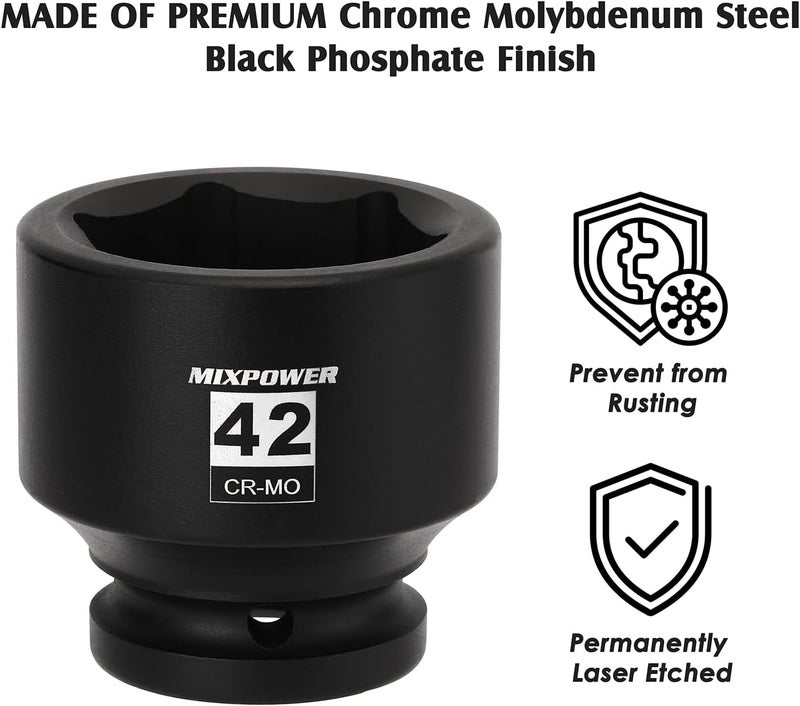 MIXPOWER 3/4" Drive Shallow Impact Socket, 42mm, CR-MO, Metric, 6 Point, Axle Nut Impact Grade Socket for Easy Removal - Image 3