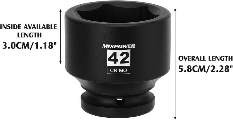 MIXPOWER 3/4" Drive Shallow Impact Socket, 42mm, CR-MO, Metric, 6 Point, Axle Nut Impact Grade Socket for Easy Removal - Image 5