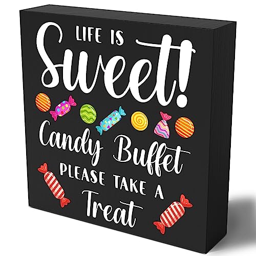 Woght Funny Christmas Candy Buffet Wooden Box Sign Plaque Life is Sweet Candy Buffet Please Take a Treat Wood Box Sign Rustic Art Home Shelf Desk Decor 5 X 5 Inches - Image 1