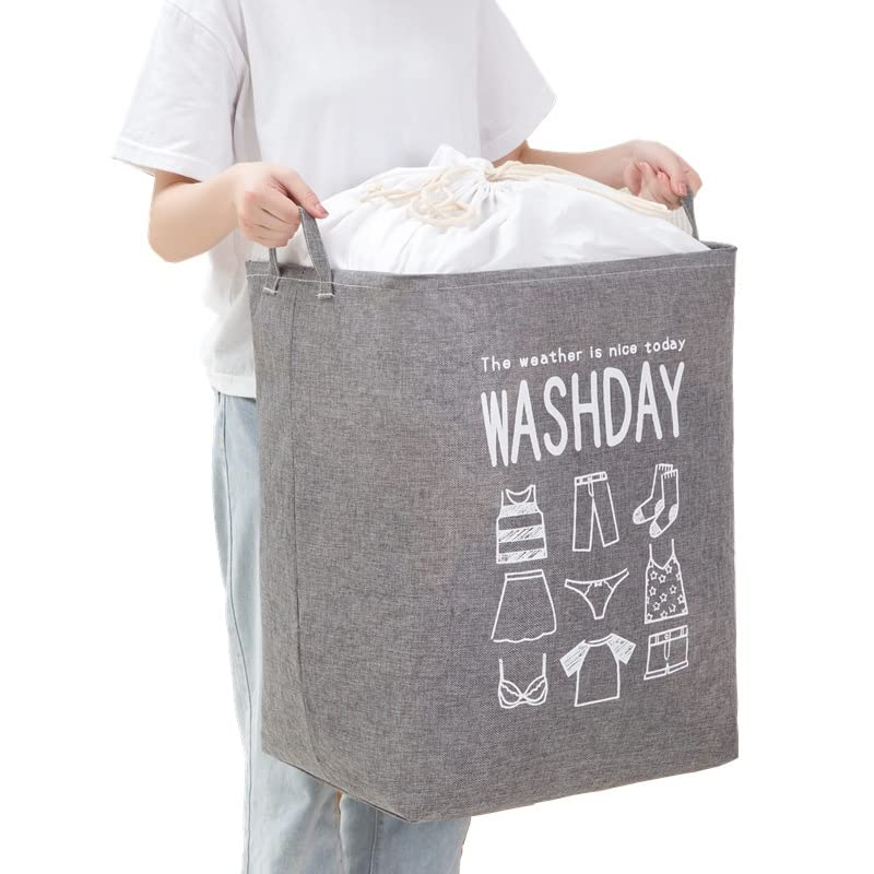 Luxula 75L Foldable and Collapsible Laundry Storage Washing Bin Dirty Clothes Basket Large Hamper Basket with Carry Handle and Drawstring closure Grey - Image 2