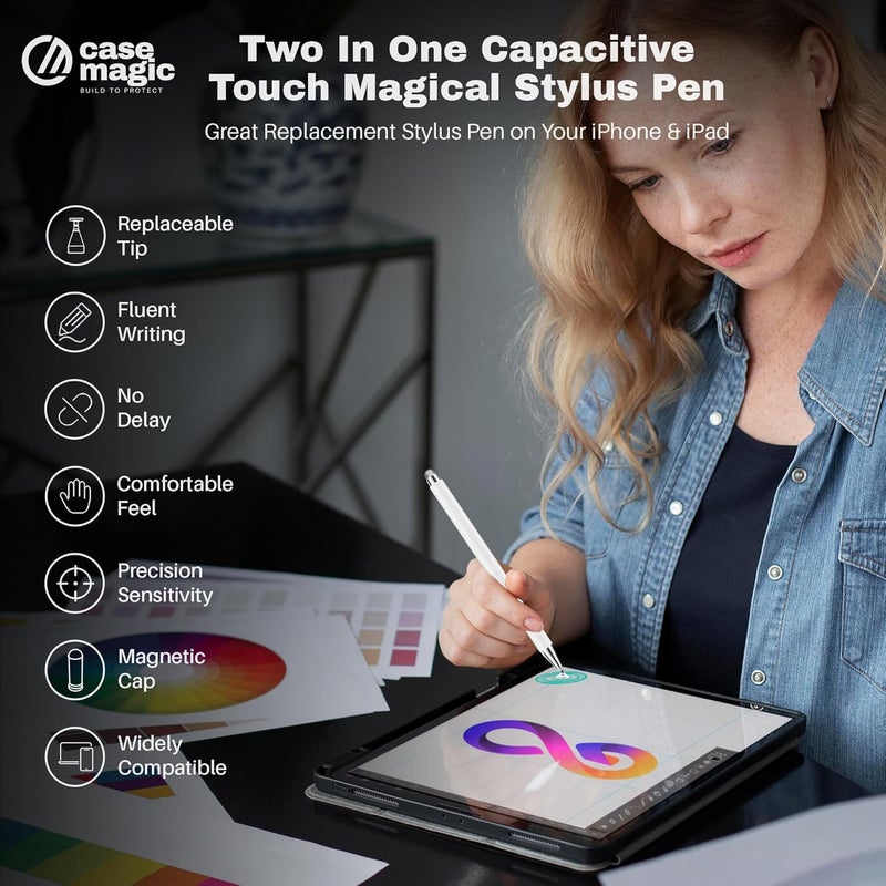 case-magic 2 in 1 Universal Stylus Pen with Fine Point Disc Tip+ Micro-Knit Hybrid Fiber Tip| for Smartphone/Tablet/iPad/Pro/Air/iPhone/iOS/Android/All Touch Screens| Aluminum Body (White) - Image 2