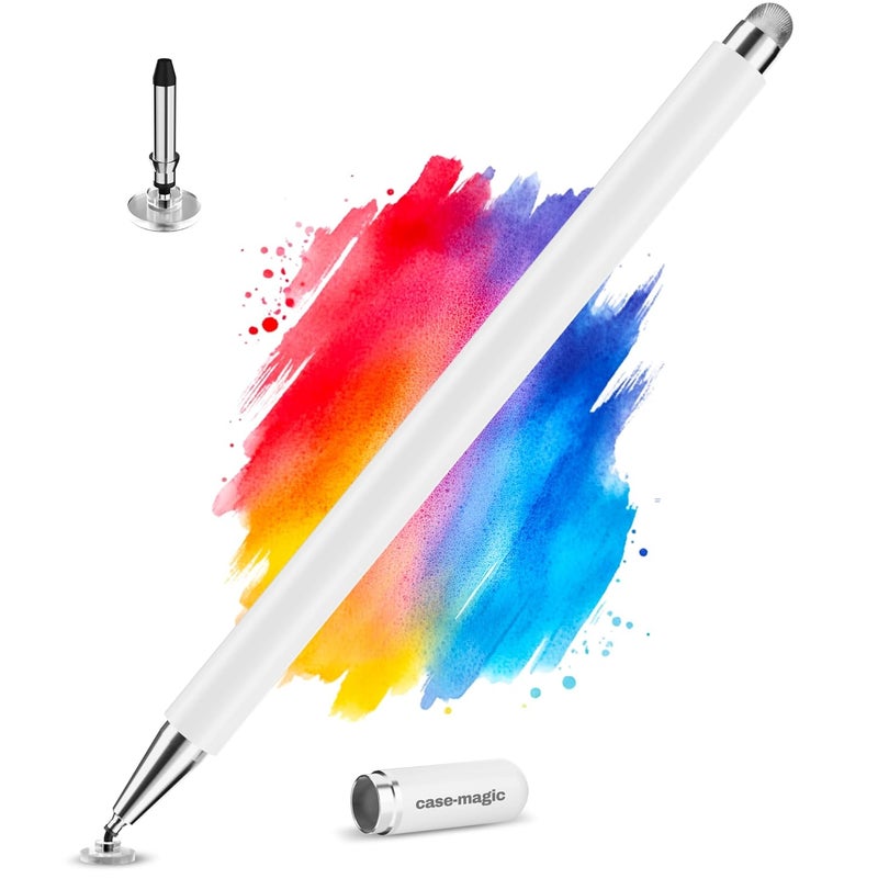 case-magic 2 in 1 Universal Stylus Pen with Fine Point Disc Tip+ Micro-Knit Hybrid Fiber Tip| for Smartphone/Tablet/iPad/Pro/Air/iPhone/iOS/Android/All Touch Screens| Aluminum Body (White) - Image 1