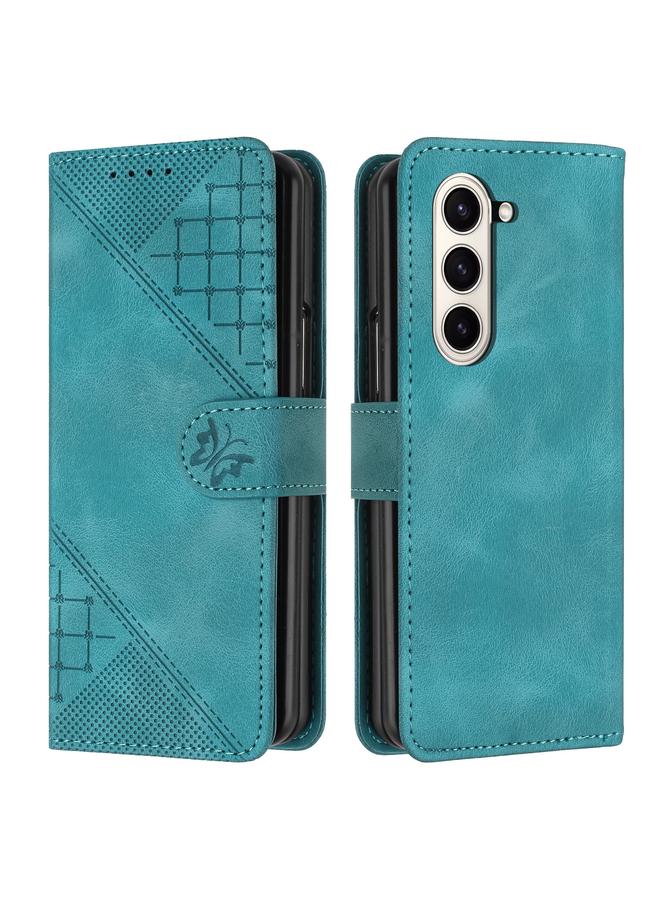 Green Tiger For Samsung Galaxy Z Fold5 YX0080 Grid Butterfly Embossed Pattern Flip Leather Phone Case with Lanyard(Light Blue)