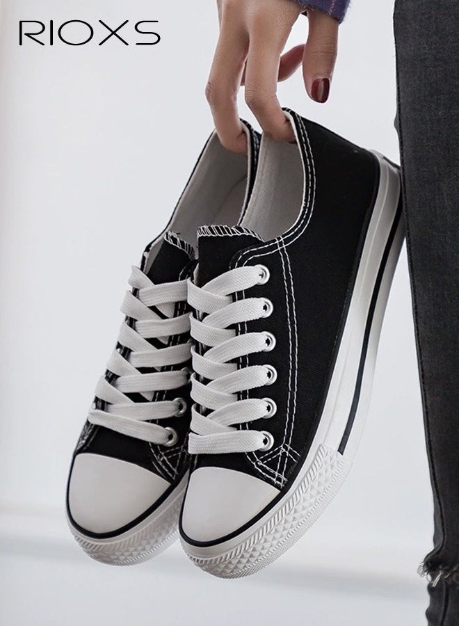 Unisex Classic Canvas Sneakers, Men's Low Top Sneakers, Women's Comfort Shoes, Retro-Style Lace-Up Flat Espadrilles for Men and Women, Lightweight Walking Sneakers, Non-Slip Rubber-Soled Casual Sports Shoes, Breathable Espadrilles Shoes for Woman Man Driving/ Traveling/ Shopping/ Daily Wear, Street Style Fashion Footwear Classic Black Athlesiure Shoes - Image 3