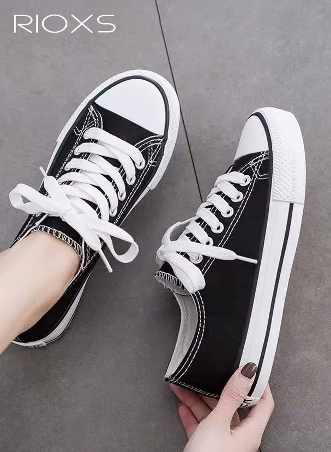 Unisex Classic Canvas Sneakers, Men's Low Top Sneakers, Women's Comfort Shoes, Retro-Style Lace-Up Flat Espadrilles for Men and Women, Lightweight Walking Sneakers, Non-Slip Rubber-Soled Casual Sports Shoes, Breathable Espadrilles Shoes for Woman Man Driving/ Traveling/ Shopping/ Daily Wear, Street Style Fashion Footwear Classic Black Athlesiure Shoes - Image 1