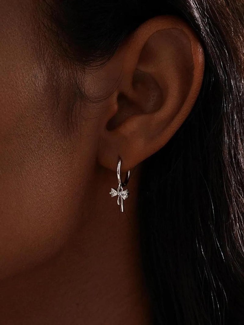 AYWFCBF Dangle Earrings for Women Silver Cubic Zirconia Hoop Earrings Dainty Bow Diamond Drop Earring Wedding Jewelry for Brides - Image 3