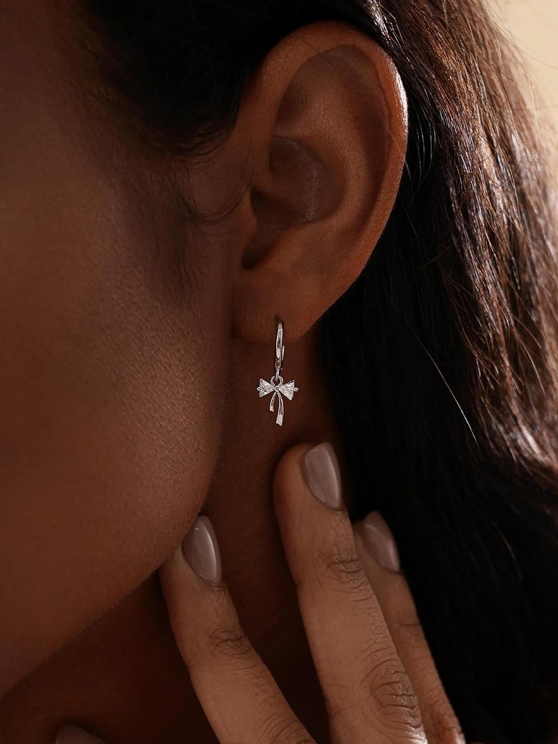 AYWFCBF Dangle Earrings for Women Silver Cubic Zirconia Hoop Earrings Dainty Bow Diamond Drop Earring Wedding Jewelry for Brides - Image 2
