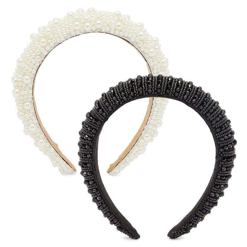 Glamlily Padded Pearl Headbands for Women Crystal Rhinestone Designs 2 Pack