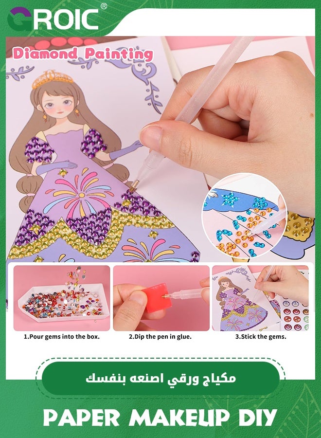 GROIC 4 in 1 Princess Art Craft Kits, Paper Craft Kits - Paper Makeup DIY Toy with Diamond Painting & Princess Dress Up Set, Dress Up Sticker Books, Travel Ideal Toys for Girls Ages 4 5 6 7 8 9+ Year Old - Image 5