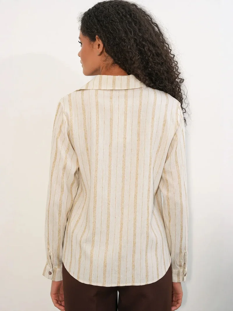 Big Dart Cream Natural BDART Striped Linen Blend Shirt With Tie Detail for Women | Best Price UAE