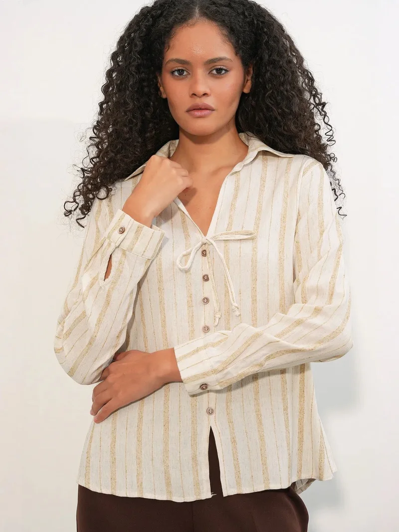 Big Dart Cream Natural BDART Striped Linen Blend Shirt With Tie Detail for Women | Best Price UAE