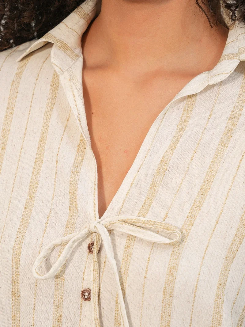 Big Dart Cream Natural BDART Striped Linen Blend Shirt With Tie Detail for Women | Best Price UAE