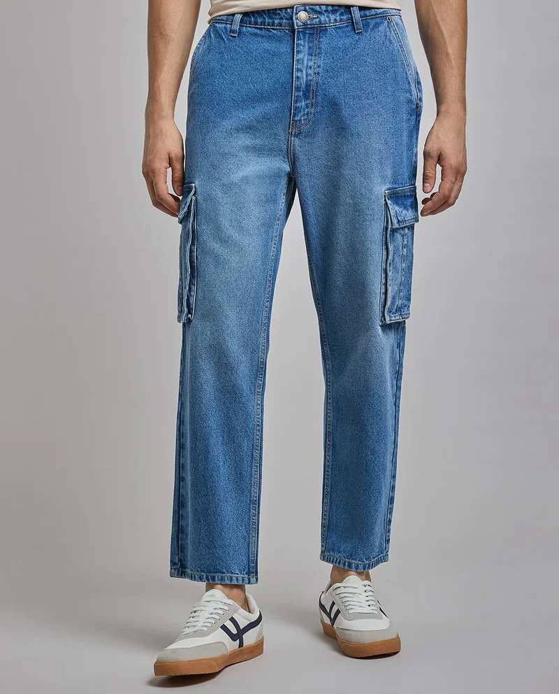 أر أند بي Solid Cargo Jeans with Button Closure