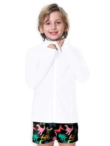 AOBUTE Girls Rash Guard Shirt Surfing Shirts Kids Boy Zip UPF 50+ Quick Dry Swimwear Tops with Thumbholes White 7-8Y - Image 5
