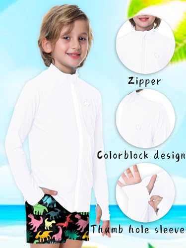 AOBUTE Girls Rash Guard Shirt Surfing Shirts Kids Boy Zip UPF 50+ Quick Dry Swimwear Tops with Thumbholes White 7-8Y - Image 3
