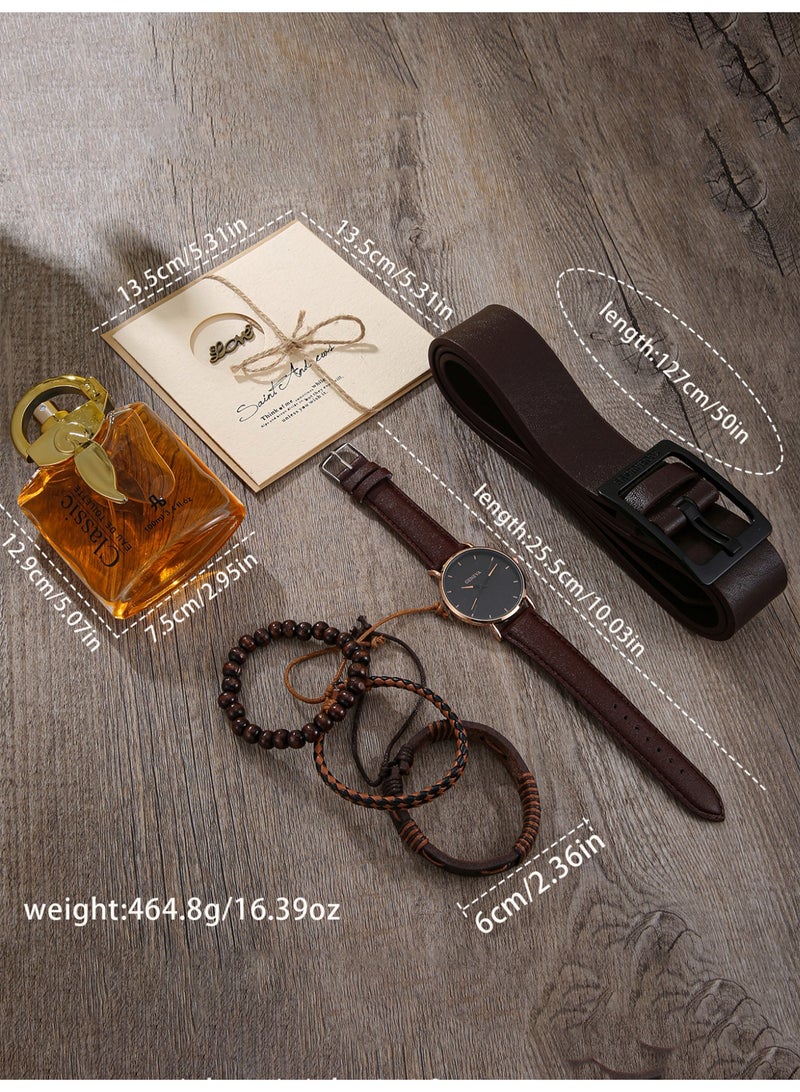 جنيفا اختيار النخبة، مجموعة ساعات 7PCS للرجال، ساعة الكوارتز الجلدية PU + سوار المنسوجة + عطر + حزام، ضوء LED الهدايا وبطاقات التهنئة الجميلة، مناسبة لأصدقائك عيد ميلاد عيد الحب هدية - Image 2
