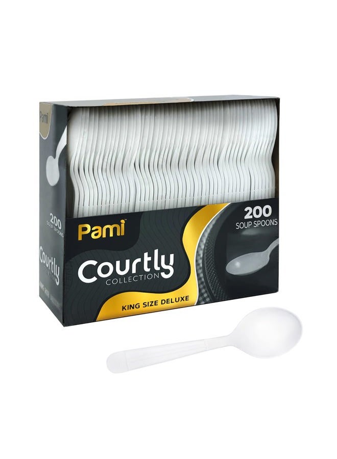 PAMI Heavy Weight Disposable Plastic Soup Spoons [200-Pack] - Bulk King Size Deluxe White Plastic Silverware For Parties, Weddings, Catering Food Stands, Takeaway- Heavy-Duty Single-Use Partyware - Image 1