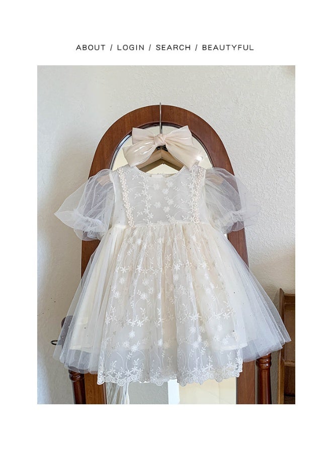 Kid Girl  Short Sleeve Dress Delicate Floral Embroidery Puff Mesh Sleeves and Tulle Overlay Skirt for Children Casual Wear - Image 4