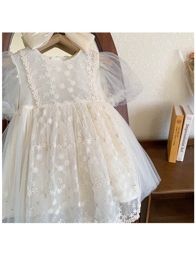 Kid Girl  Short Sleeve Dress Delicate Floral Embroidery Puff Mesh Sleeves and Tulle Overlay Skirt for Children Casual Wear - Image 5