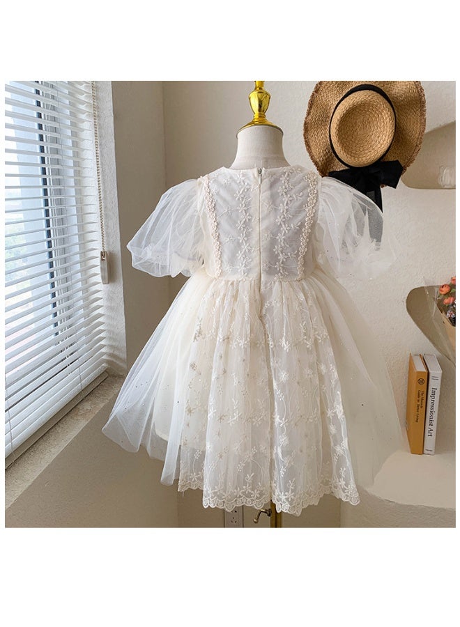 Kid Girl  Short Sleeve Dress Delicate Floral Embroidery Puff Mesh Sleeves and Tulle Overlay Skirt for Children Casual Wear - Image 3