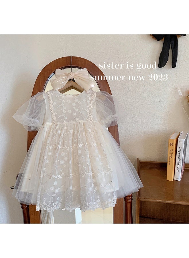 Kid Girl  Short Sleeve Dress Delicate Floral Embroidery Puff Mesh Sleeves and Tulle Overlay Skirt for Children Casual Wear - Image 1