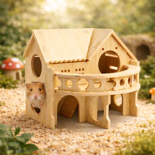kcrygogo Improved Safety Large Balcony Small Cute Wooden Hamster House with Large Balcony DoubleDecker ForestStyle Hut for Dwarf Hamsters Mice Gerbils Rats Small Pets Compact Size Only - Image 3
