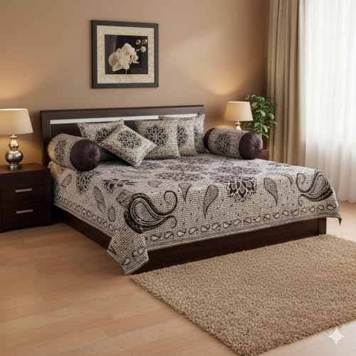 FRESH FROM LOOM Velvet Floral Diwan Set Coffee - 1 Single Bedsheet with 2 Bolster Covers and 5 Cushion Covers (8pc Set) - Image 4