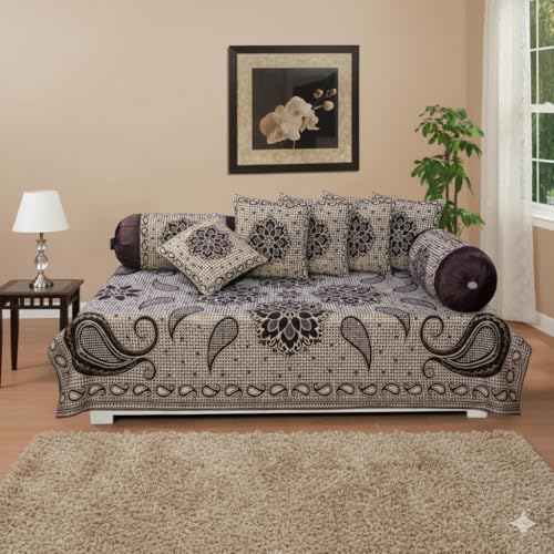 FRESH FROM LOOM Velvet Floral Diwan Set Coffee - 1 Single Bedsheet with 2 Bolster Covers and 5 Cushion Covers (8pc Set) - Image 1