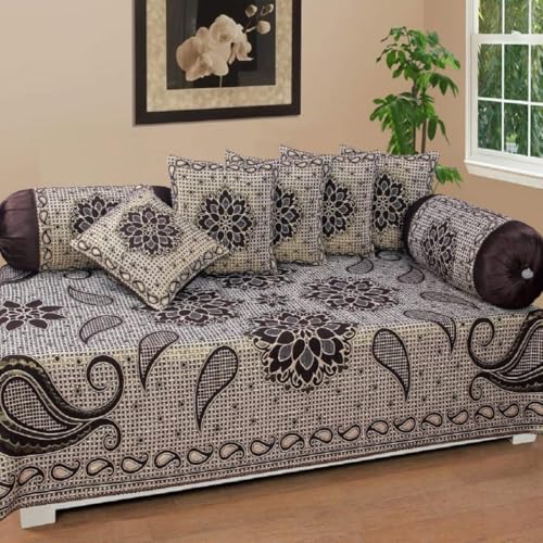 FRESH FROM LOOM Velvet Floral Diwan Set Coffee - 1 Single Bedsheet with 2 Bolster Covers and 5 Cushion Covers (8pc Set) - Image 5