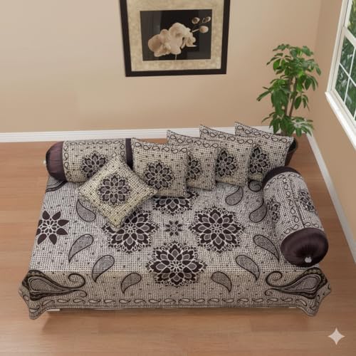FRESH FROM LOOM Velvet Floral Diwan Set Coffee - 1 Single Bedsheet with 2 Bolster Covers and 5 Cushion Covers (8pc Set) - Image 3