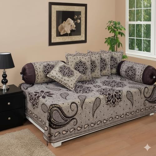 FRESH FROM LOOM Velvet Floral Diwan Set Coffee - 1 Single Bedsheet with 2 Bolster Covers and 5 Cushion Covers (8pc Set) - Image 2