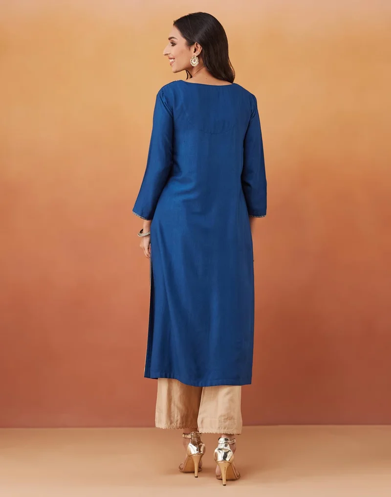 Fabindia Blue Viscose Silk Slim Fit Embroidered Long Kurta