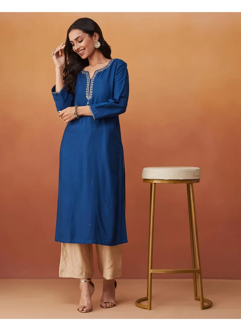 فاب انديا Blue Viscose Silk Slim Fit Embroidered Long Kurta