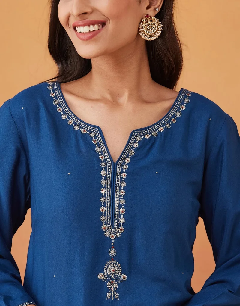 Fabindia Blue Viscose Silk Slim Fit Embroidered Long Kurta