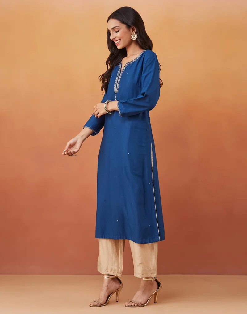 Fabindia Blue Viscose Silk Slim Fit Embroidered Long Kurta