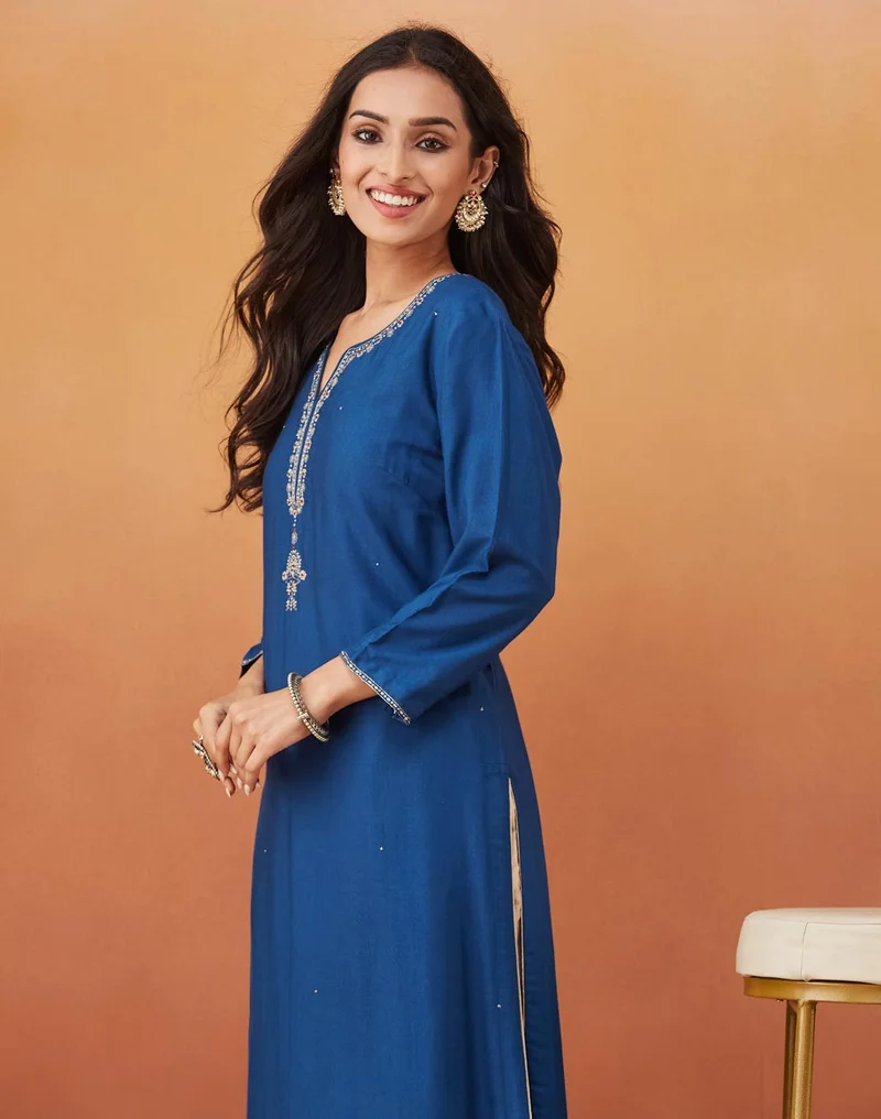 Fabindia Blue Viscose Silk Slim Fit Embroidered Long Kurta