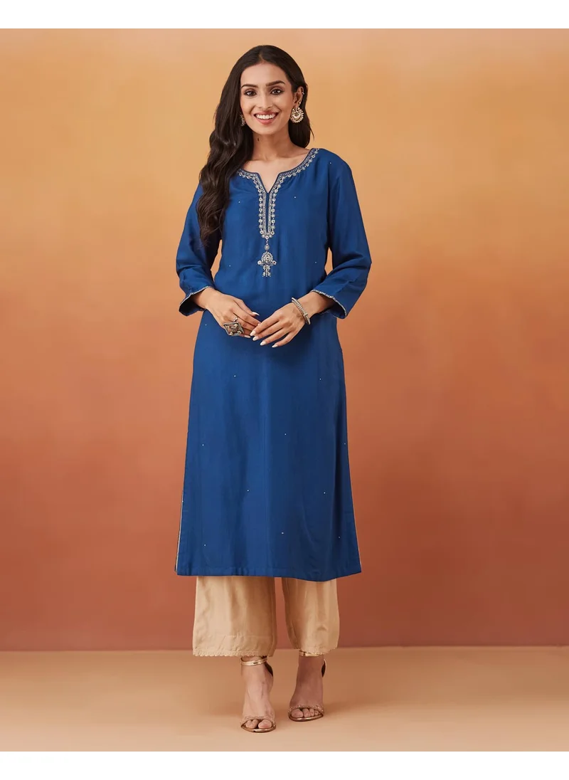 فاب انديا Blue Viscose Silk Slim Fit Embroidered Long Kurta