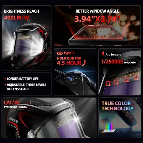 ANDELI Welding Helmet with 4 LED Light, Panoramic Large Viewing Screen 3.94"X3.74" True Color Auto Darkening Welding Helmet, 4 Arc Sensor 4/5-9/9-13 Type-C Charging - Image 5