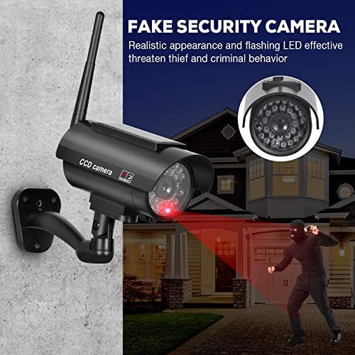 BNT Solar Powered Fake Security Camera, Bullet Dummy Security Camera Simulated Surveillance System with Realistic Red Flashing Light Sensor and Warning Sticker for Indoor/Outdoor(4Pack, Black) - Image 3
