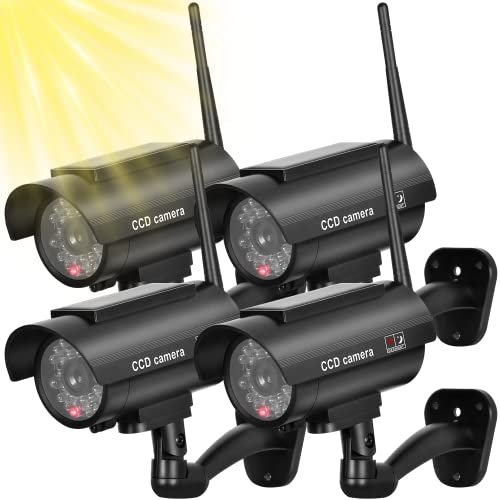 BNT Solar Powered Fake Security Camera, Bullet Dummy Security Camera Simulated Surveillance System with Realistic Red Flashing Light Sensor and Warning Sticker for Indoor/Outdoor(4Pack, Black) - Image 1