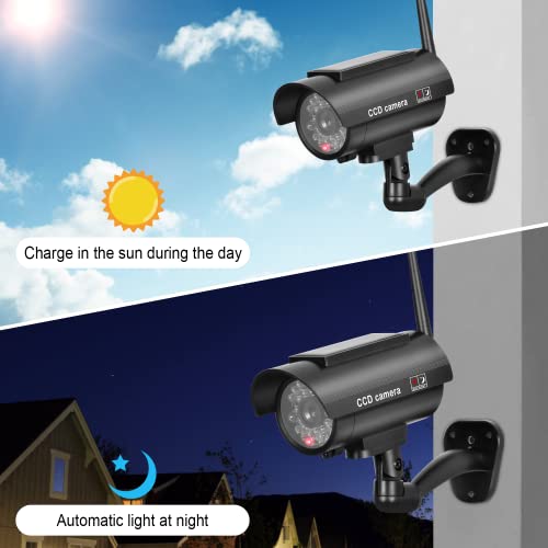 BNT Solar Powered Fake Security Camera, Bullet Dummy Security Camera Simulated Surveillance System with Realistic Red Flashing Light Sensor and Warning Sticker for Indoor/Outdoor(4Pack, Black) - Image 2