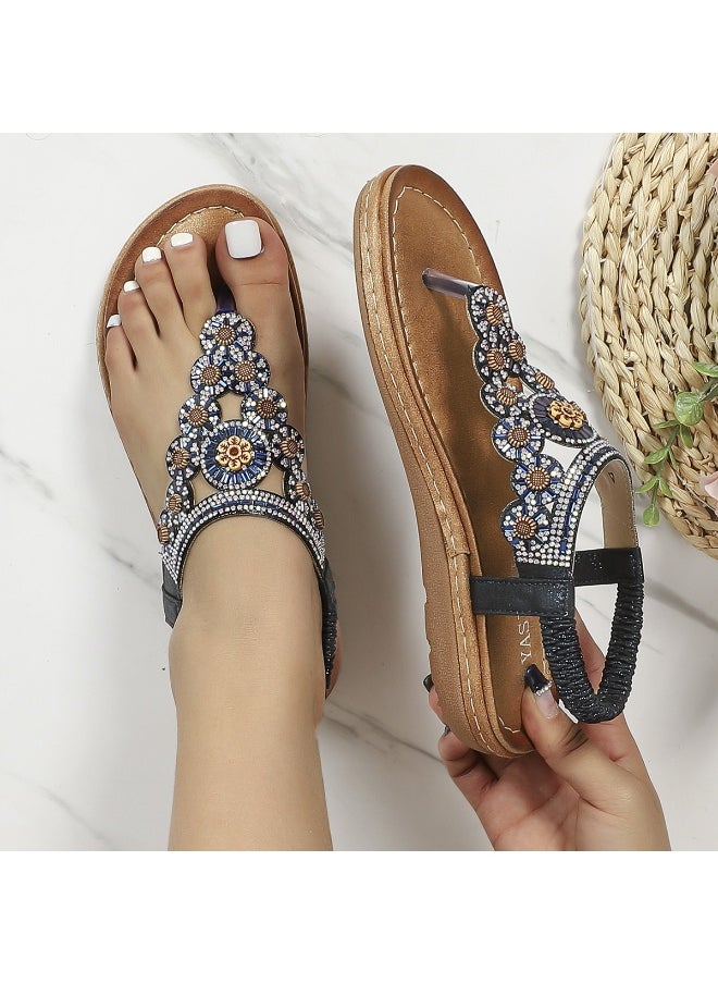 NIBEMINENT Ladies Shoes Wedge Bohemian Sandals Shoes For Women  Round Toe Wedge Thong Sandals Indoor Outdoor Female Shoes  - Image 1