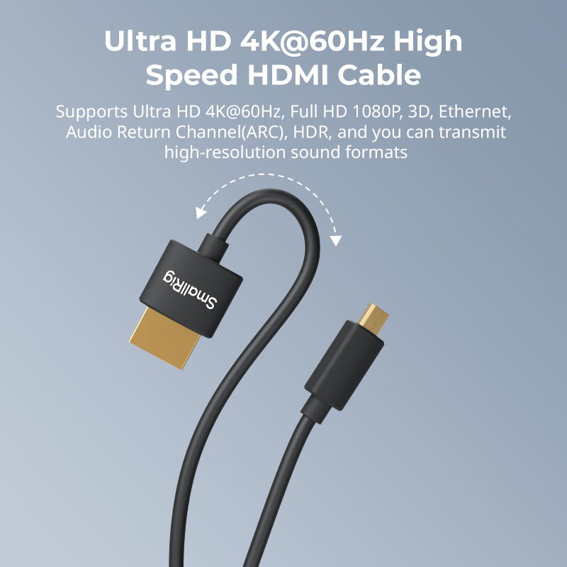 SMALLRIG D to A HDMI Cable Ultra Thin HDMI Cord 100cm / 3.28Ft (Micro to Full HDMI), Super Flexible Slim High Speed 4K 60Hz HDR HDMI 2.0, for Sony A7RIII / A7II / A7M3, for FUJIFILM X-T4 / X-T3-4795 - Image 4