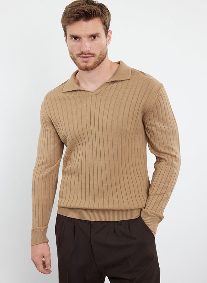 trendyol Camel Slim Polo Neck Plain Knitwear Sweater TMNAW25KZ00022  - Image 2
