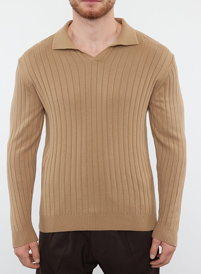 trendyol Camel Slim Polo Neck Plain Knitwear Sweater TMNAW25KZ00022  - Image 4