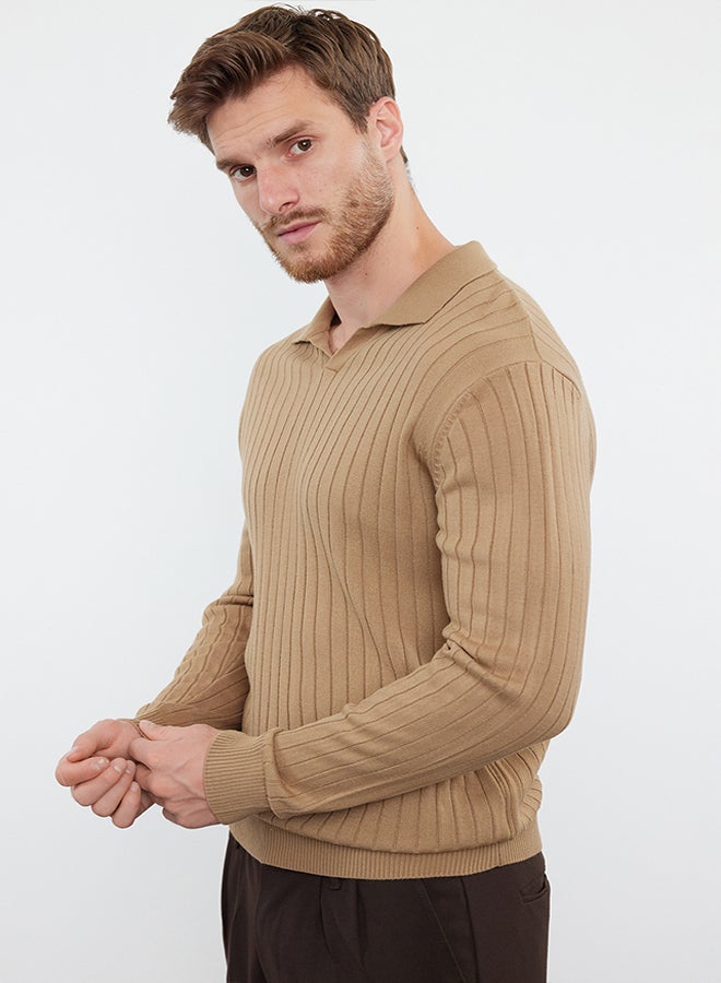 trendyol Camel Slim Polo Neck Plain Knitwear Sweater TMNAW25KZ00022  - Image 3