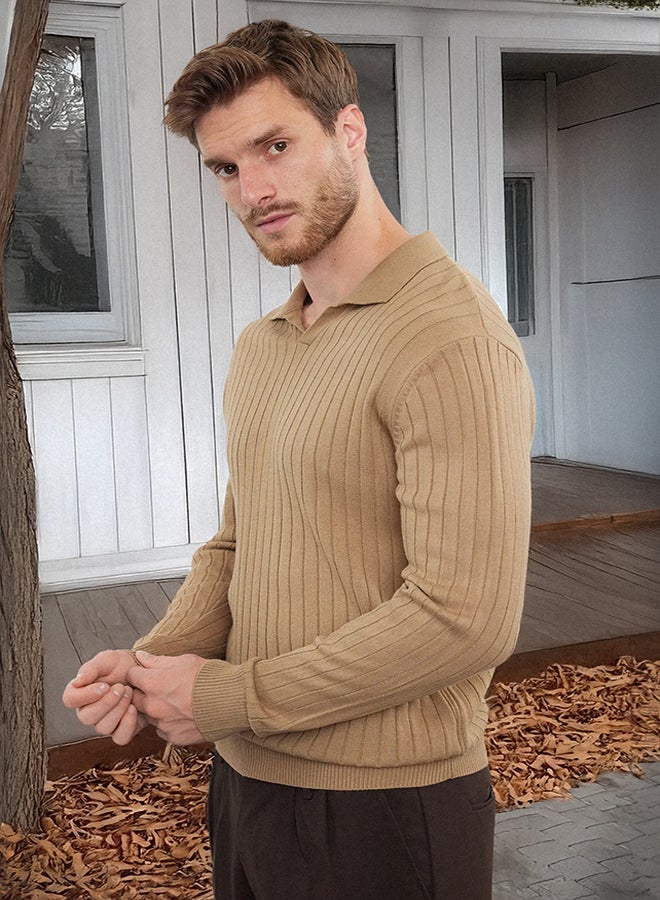 trendyol Camel Slim Polo Neck Plain Knitwear Sweater TMNAW25KZ00022  - Image 1